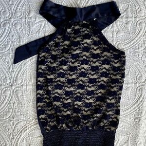 Sexy Black/Nude Lace Halter Top, Silky Polyester Dress Top. Bongo, Sz S